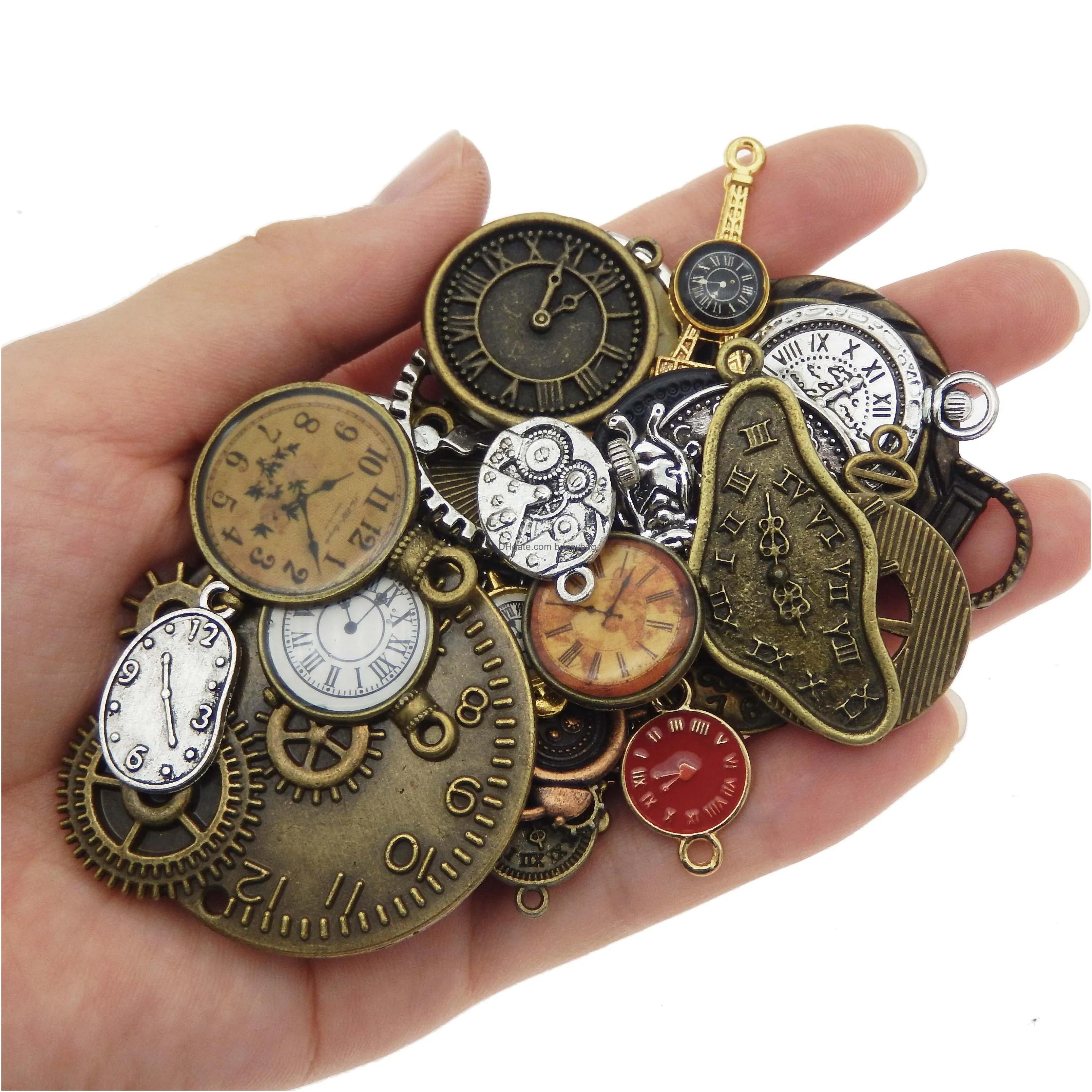 30pcs random mixed clock watch face components charms alloy necklace pendant finding jewelry making steampunk diy accessory