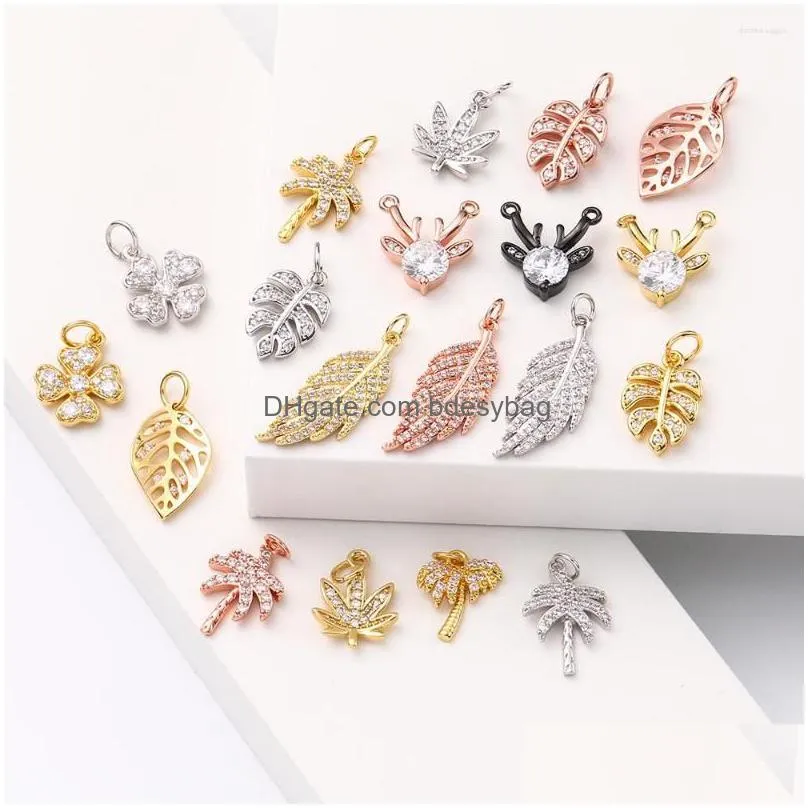 charms flowers leaves diy pendant for jewelry making necklace women gold color charm copper inlaid zircon deer cute 2022