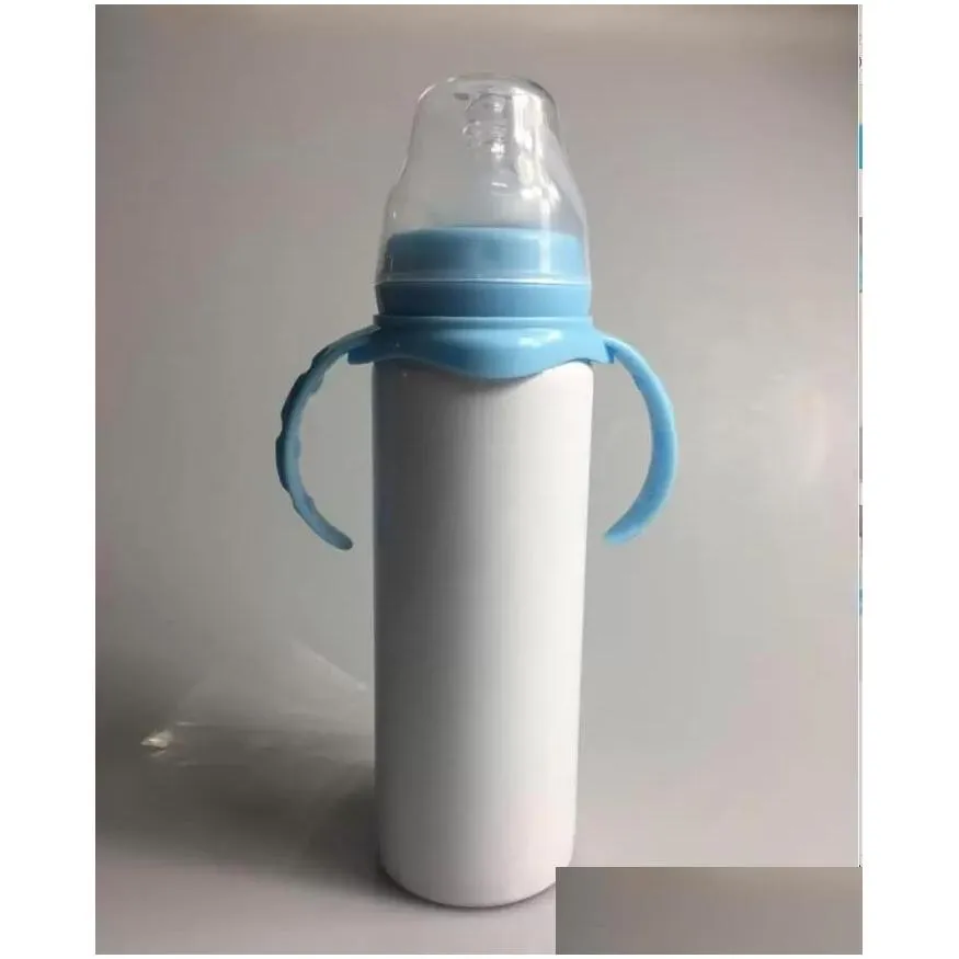 8oz blank sublimation baby feeding sippy bottle pink blue double wall vacuum nipple handle unbreakable water bottles dhs fy5153