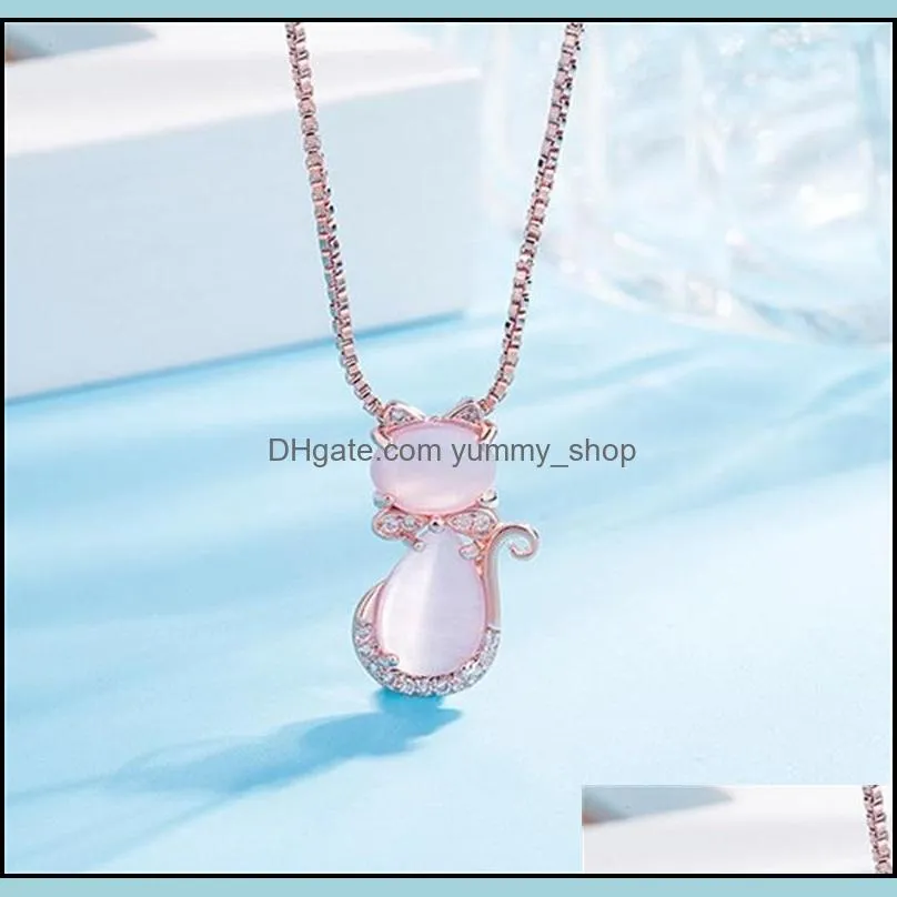 moonrocy rose gold color cz crystal ross quartz pink opal necklace earrings and ring jewelry set for cute cat jewelry women 469c3