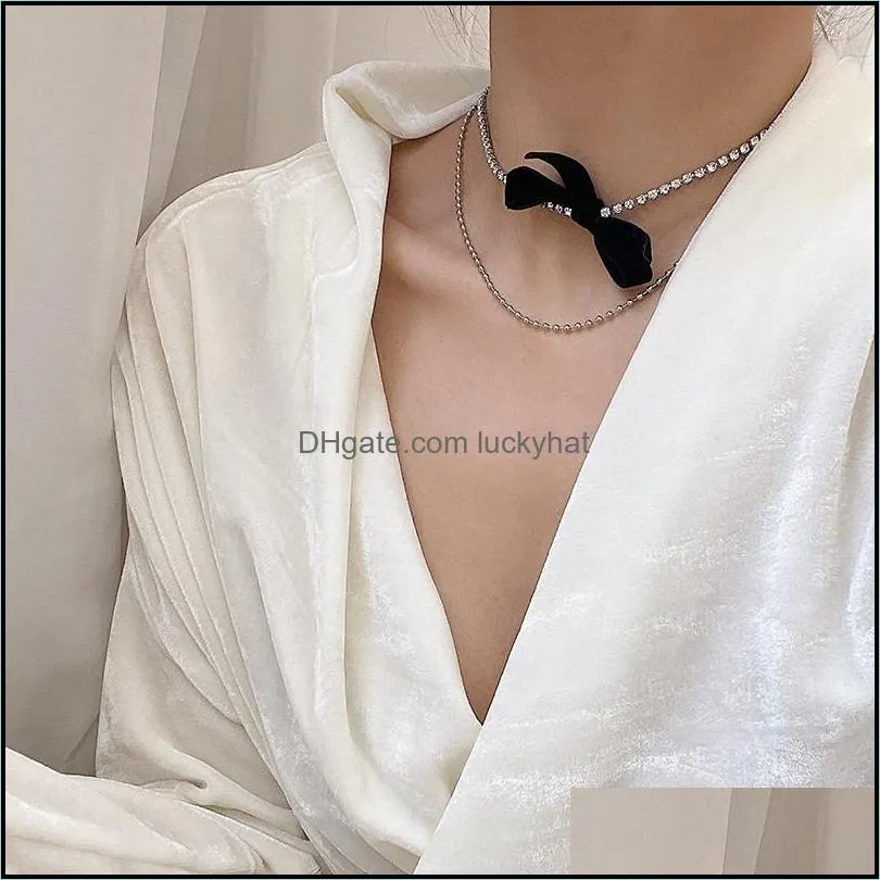 choker necklaces pendants sweet black velvet bow double necklace simple bowknot plush pearl clavicle chain collar for women lady