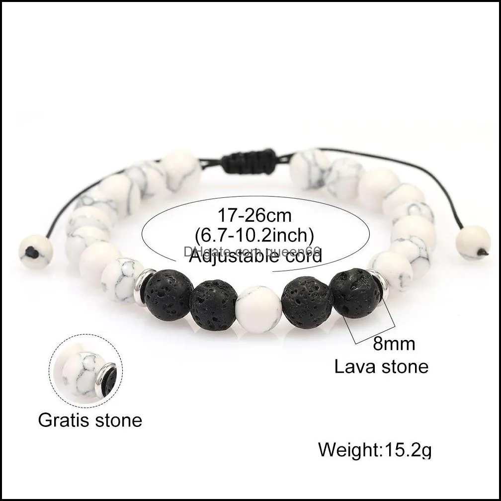 8mm handmade white agate black natural lava rock stone beads chakra bracelets for men women fashion elastic healing yoga bracelet
