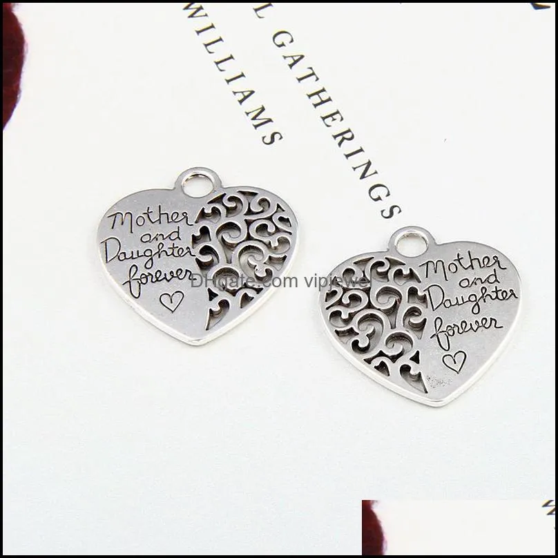 hollow 20pcs lot mother daughter charm letter heart charm pendant for diy jewelry making 