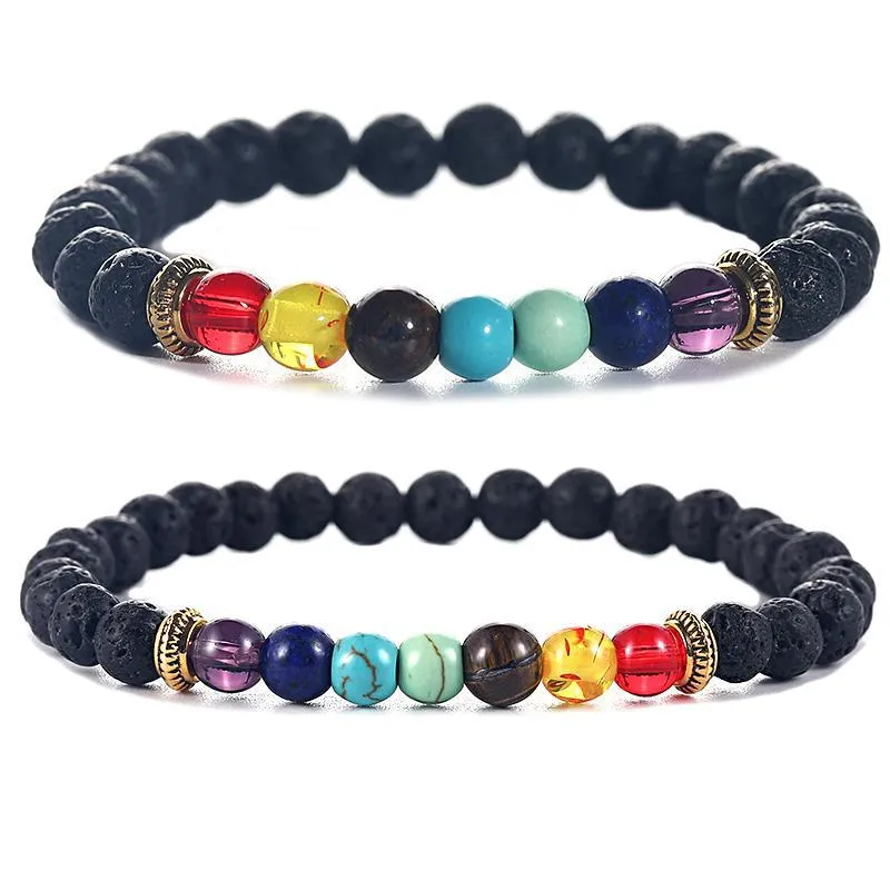 7 chakra healing beaded chain bracelet natural lava stone beads bracelets for women men fashion yoga jewelry