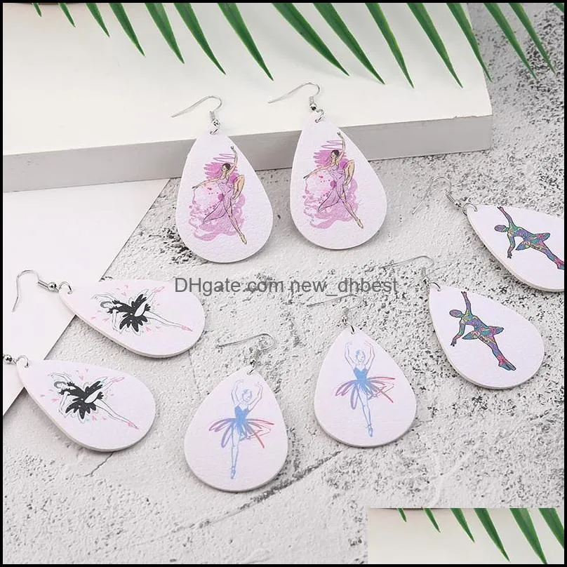 designer love mum ballet pattern leather earring for women girls fashion printed dangle earrings round waterdrop hook ear party jewelry