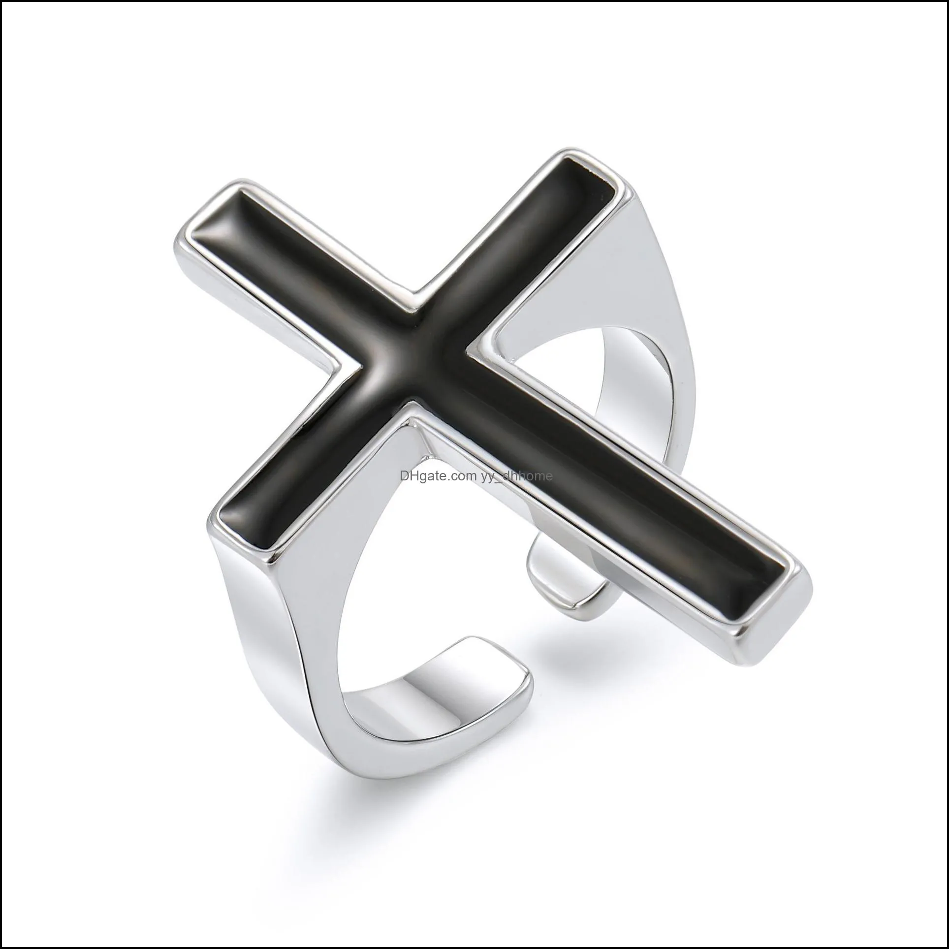 vintage black big cross open ring for women party jewelry men trendy gothic metal finger ring