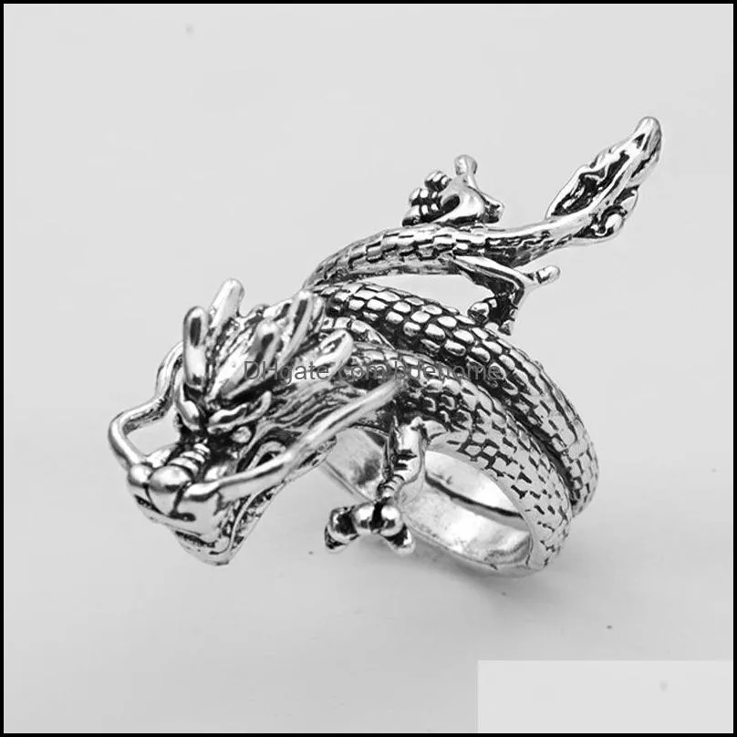 punk gothic retro male open ring skull dragon compass angel demon animals vintage silver color ring men jewelry