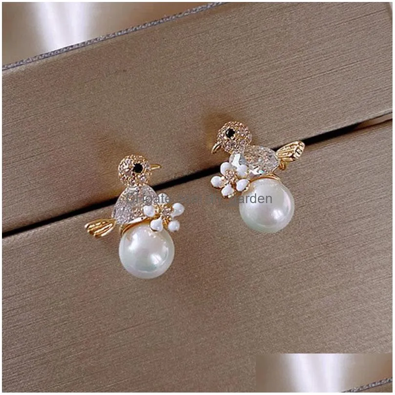 high quality alloy stud full diamond pony wings earrings ear cute owl bird pearl earring for women