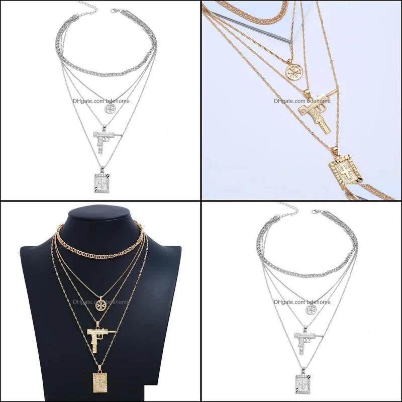 multilayer necklaces for women gun cross pendant necklace color gold silver long link chain choker necklace