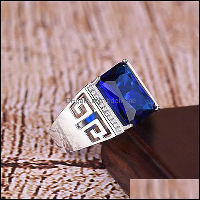 silver mens rings royal sapphire gemstone jewelry accessories open adjustable carved ring wedding party gift