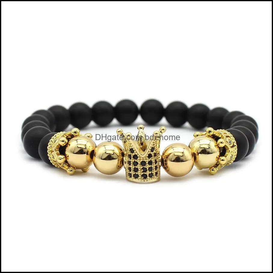 pave zircon crown bracelet charm men handmade black matte women weaving jewelry stone beads bracelets