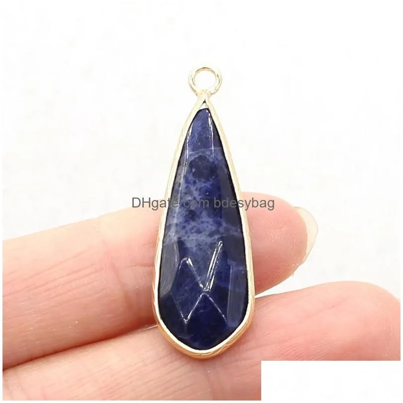 charms natural stone pendant long water drop shape faceted agates gold edging for diy jewelry necklace bracelet earring making