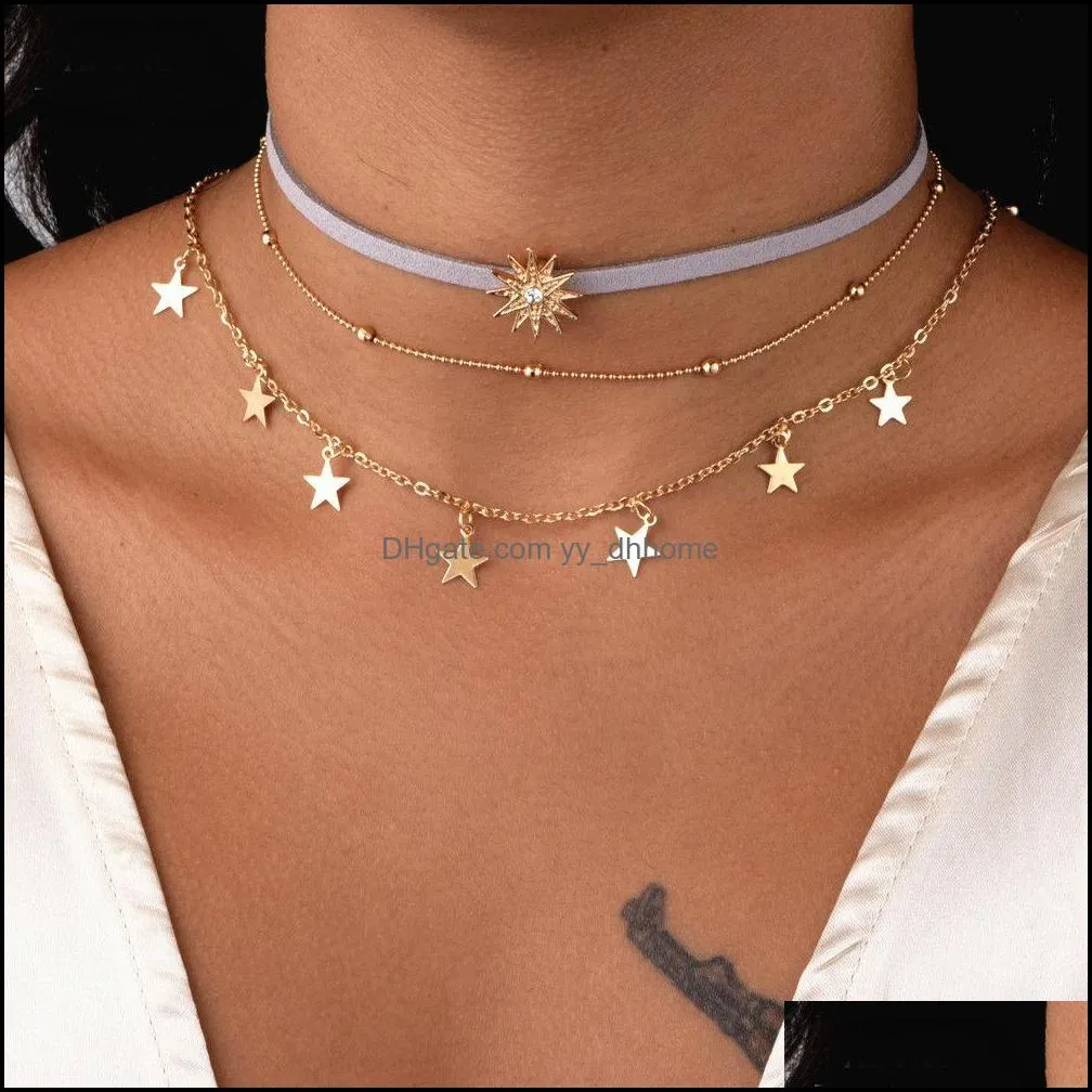 choker necklaces chain multilayer sun star tassel multi layer necklace metal bar layered gold chain necklace