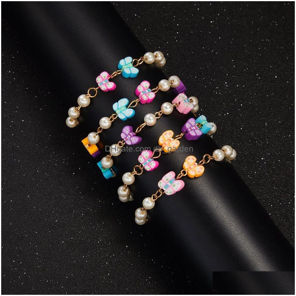 hot selling new soft pottery imitation bohemian pearl bracelet strands lovely flower butterfly trendy summer girl jewelry