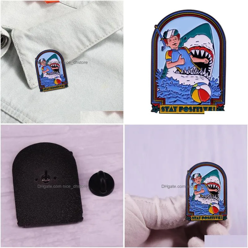 stay positive shark enamel pin novel pins gift briefcase badges badges on backpack brooch for clothes accessories