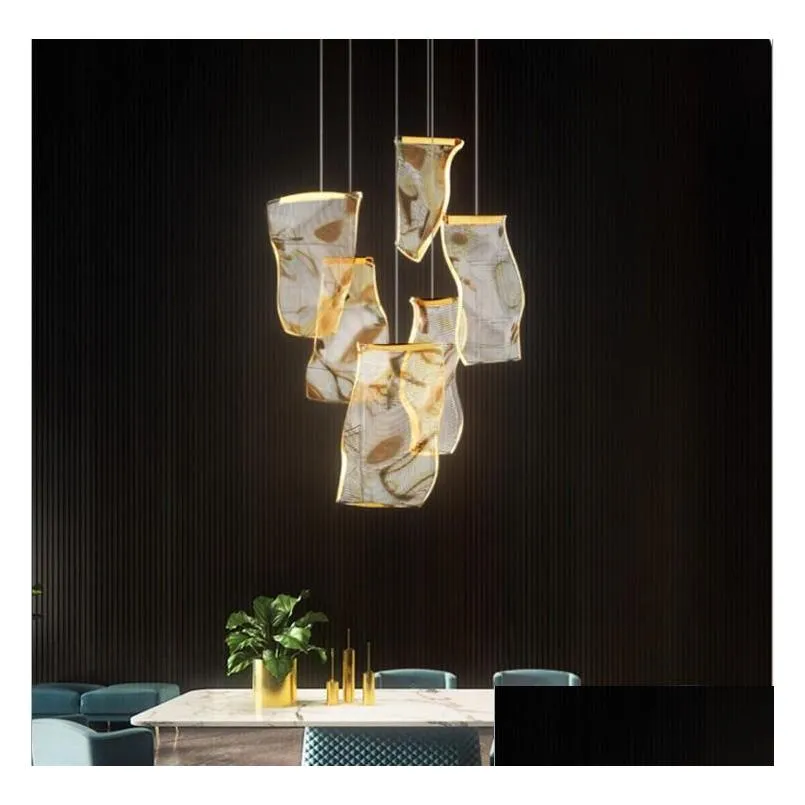 led luxury art paper iron acryl desinger hanging lamps golden chandelier lighting lustre suspension luminaire lampen for foyer