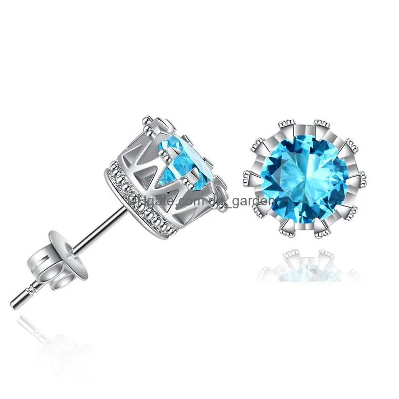 new fashion jewelry womens stud earrings inlaid with zircon korean version trinkets wholesale round crown earrings