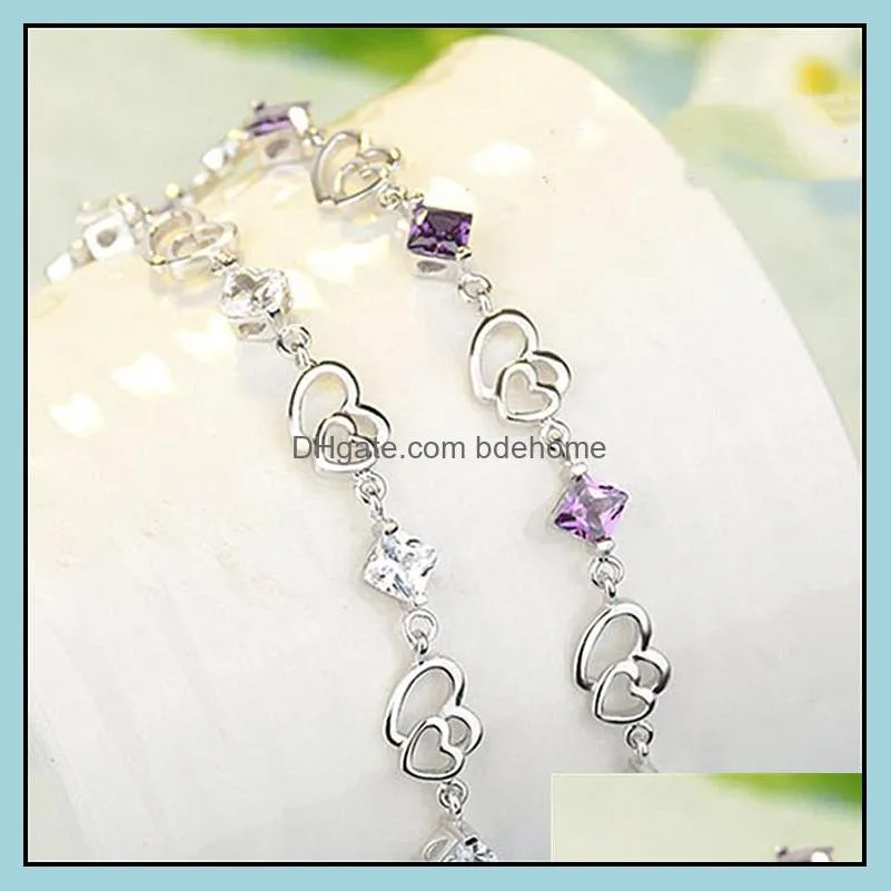 elegant ladies bracelet silver plated purple amethyst double hollow heart romantic heart jewelry gift bracelet