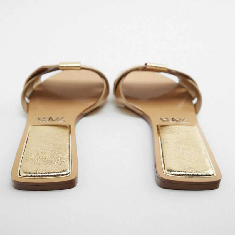 Sandals TRAF Summer New Women's Flat Slippers Sandals Gold Flat Criss-Cross Leather Slider Sandals Woman Luxury Slingback Shoes T2302