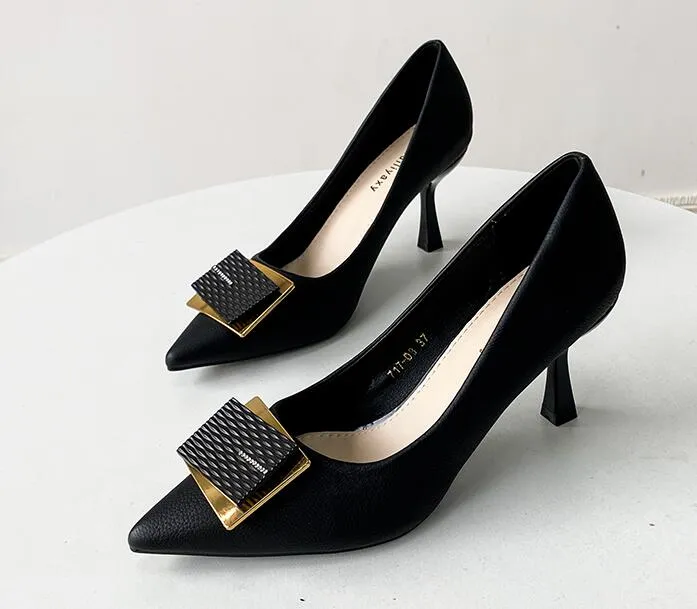 Women luxurious high heel shoes Sequined Buckle black work stiletto heel 7 cm comfortable pointed toe luxury Fashion Loafers Party night club shoes