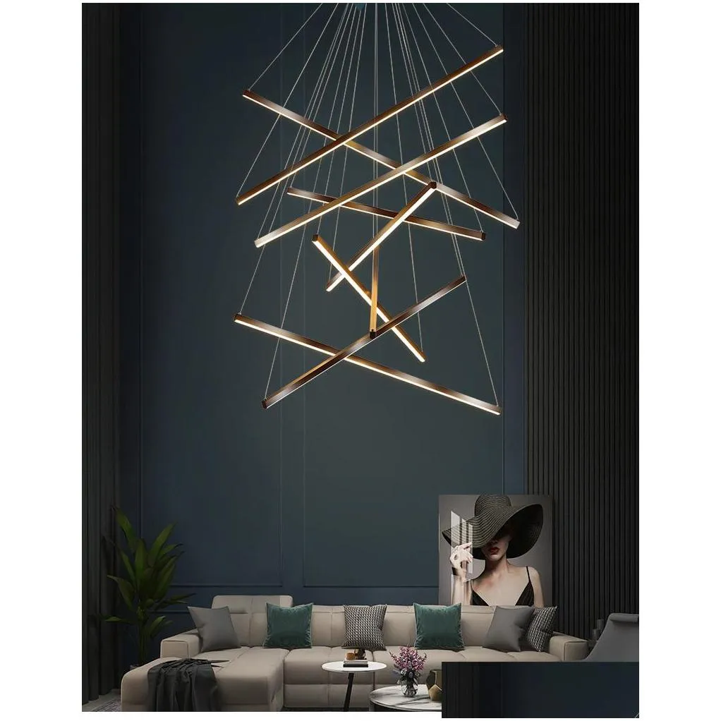 black stair chandelier lamp simple modern duplex building highrise empty living room hall creative personality long led line