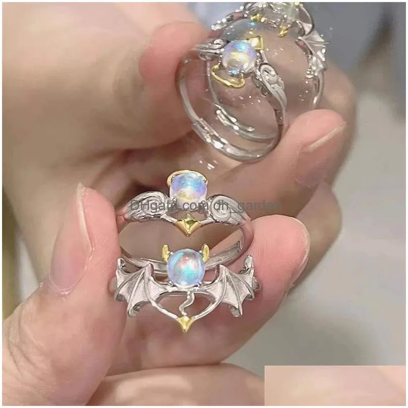 creative angel and devil moonstone ring fashion opening adjustable male and female couple rings