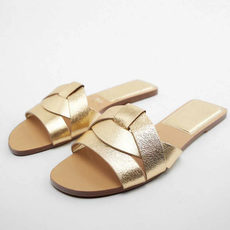 Sandals TRAF Summer New Women's Flat Slippers Sandals Gold Flat Criss-Cross Leather Slider Sandals Woman Luxury Slingback Shoes T2302