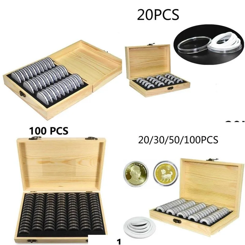 pine wood coin holder coins ring wooden storage box 20/30/50/100pcs coin capsules accommodate collectible commemorative coin box