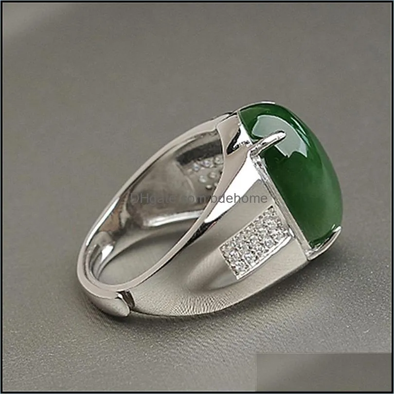 sliver ring women jewelry emerald gemstones jade oval green jade adjustable stone jasper rings