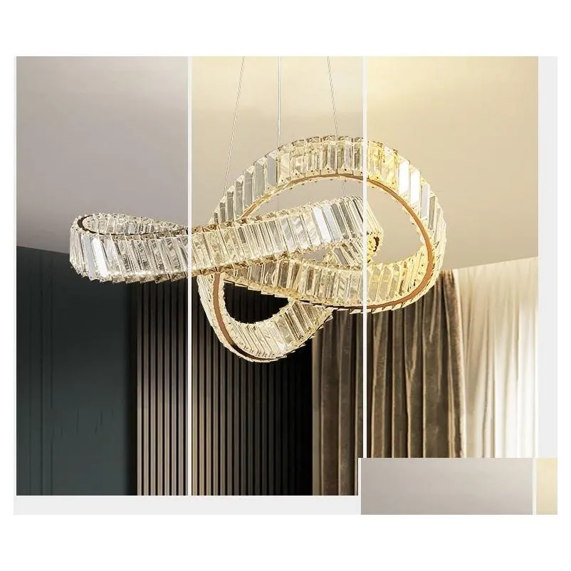 modern led k9 crystal chandeliers stainless pendant light ring rc dimmable suspend lamp for fixtures living/dining room bedroom