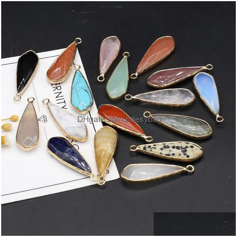 charms natural stone pendant long water drop shape faceted agates gold edging for diy jewelry necklace bracelet earring making