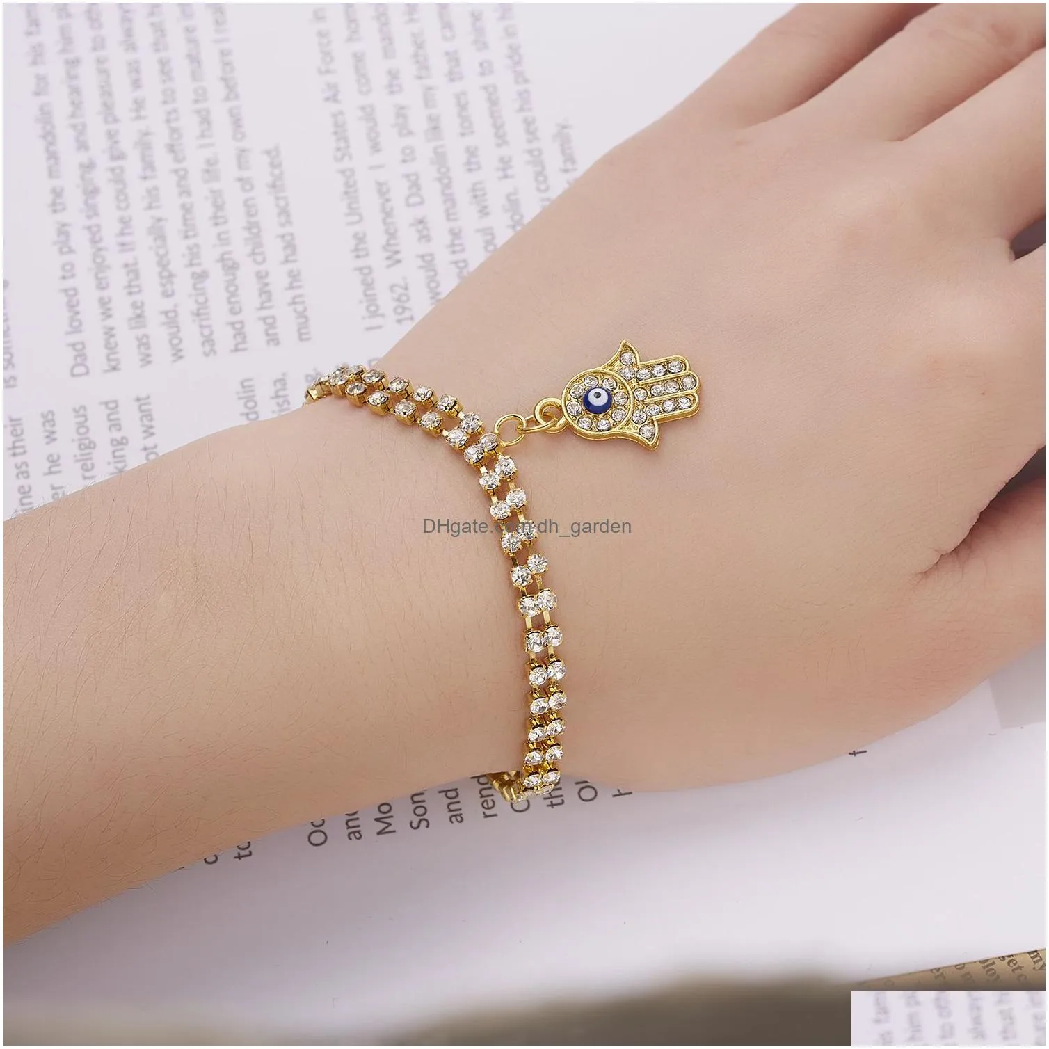 evil eye charm bracelets palm starfish love blue eye double layer full diamond chains adjustable bracelet