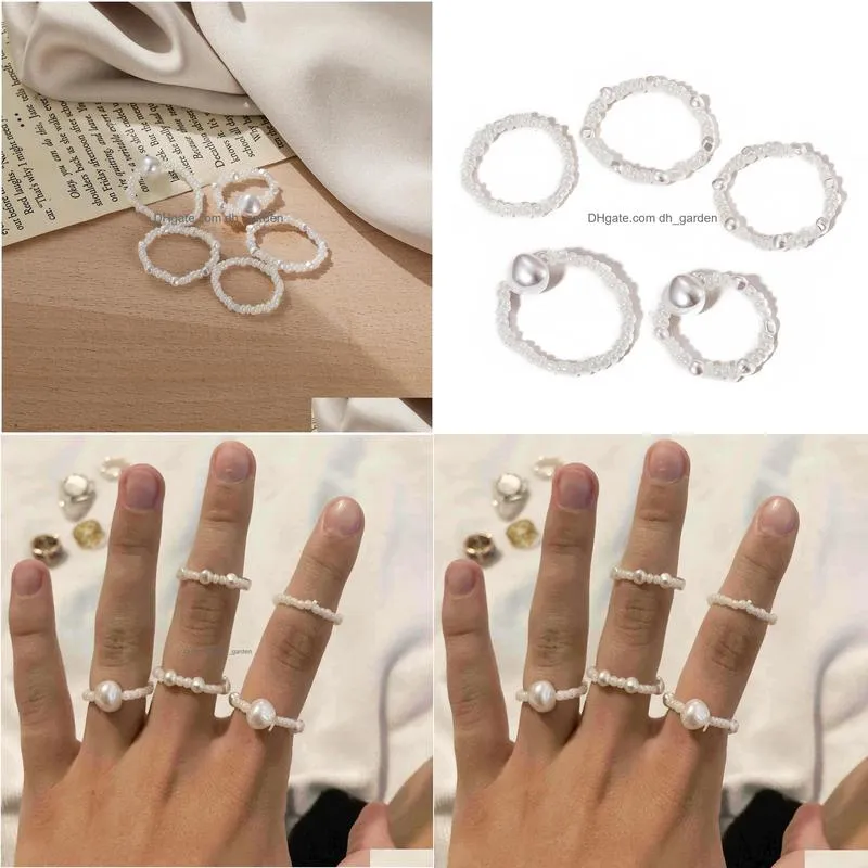 creative retro simple white rice pearl bead wholesale elastic ring 5piece set for women