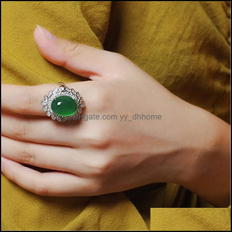 exquisite and fashionable platinumplated luxury palace fancy green jade ring full diamond open flower chalcedony crystal jasper ring