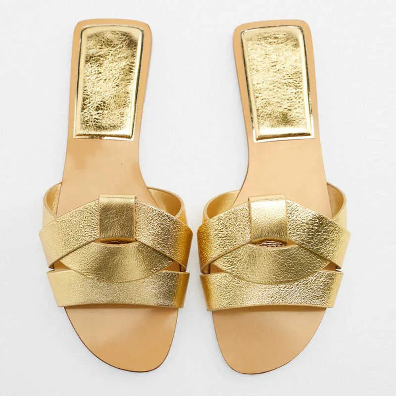 Sandals TRAF Summer New Women's Flat Slippers Sandals Gold Flat Criss-Cross Leather Slider Sandals Woman Luxury Slingback Shoes T2302