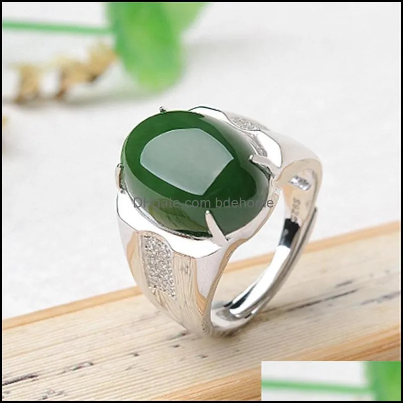 sliver ring women jewelry emerald gemstones jade oval green jade adjustable stone jasper rings