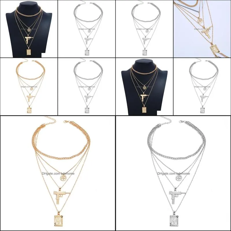 multilayer necklaces for women gun cross pendant necklace color gold silver long link chain choker necklace