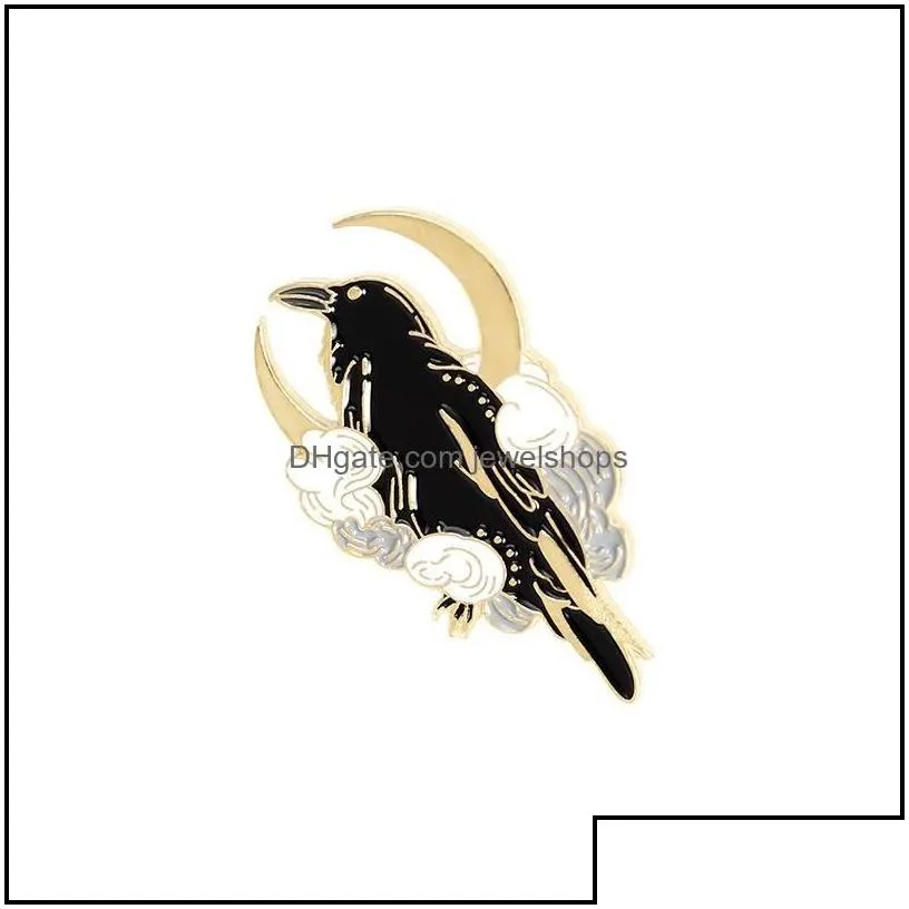pins brooches crow raven enamel pin custom bird feather moon flowers brooches bag lapel punk badge gothic jewelry gift fo jewelshops