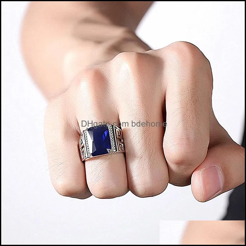 silver mens rings royal sapphire gemstone jewelry accessories open adjustable carved ring wedding party gift