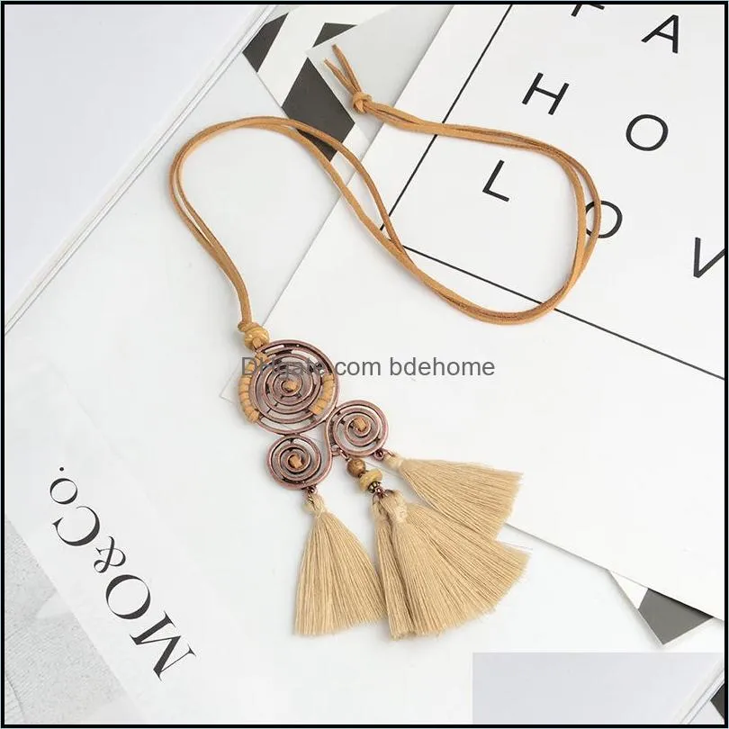 bohemia long tassel womens necklaces long leather chain sweater chain ethnic round tassel necklaces for women wholesale