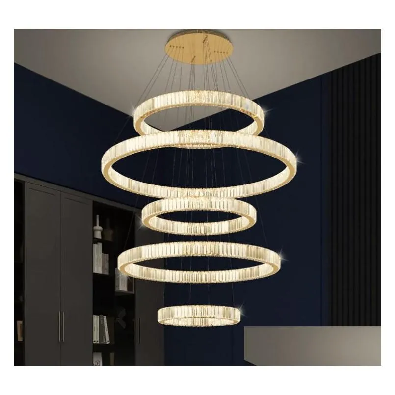 villa high ceiling luxury k9 crystal chandeliers ring led dimmable pendant light round gold / chrome steel lamp deco lighting