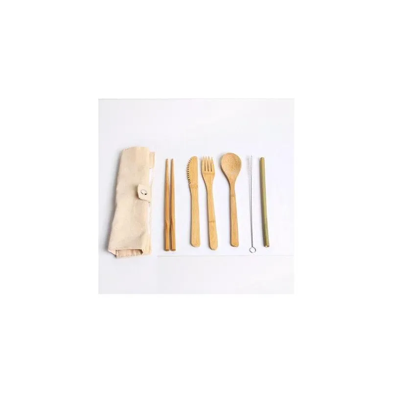 wooden dinnerware set bamboo teaspoon fork soup knife catering cutlery set with cloth bag kitchen cooking tools utensil eea550