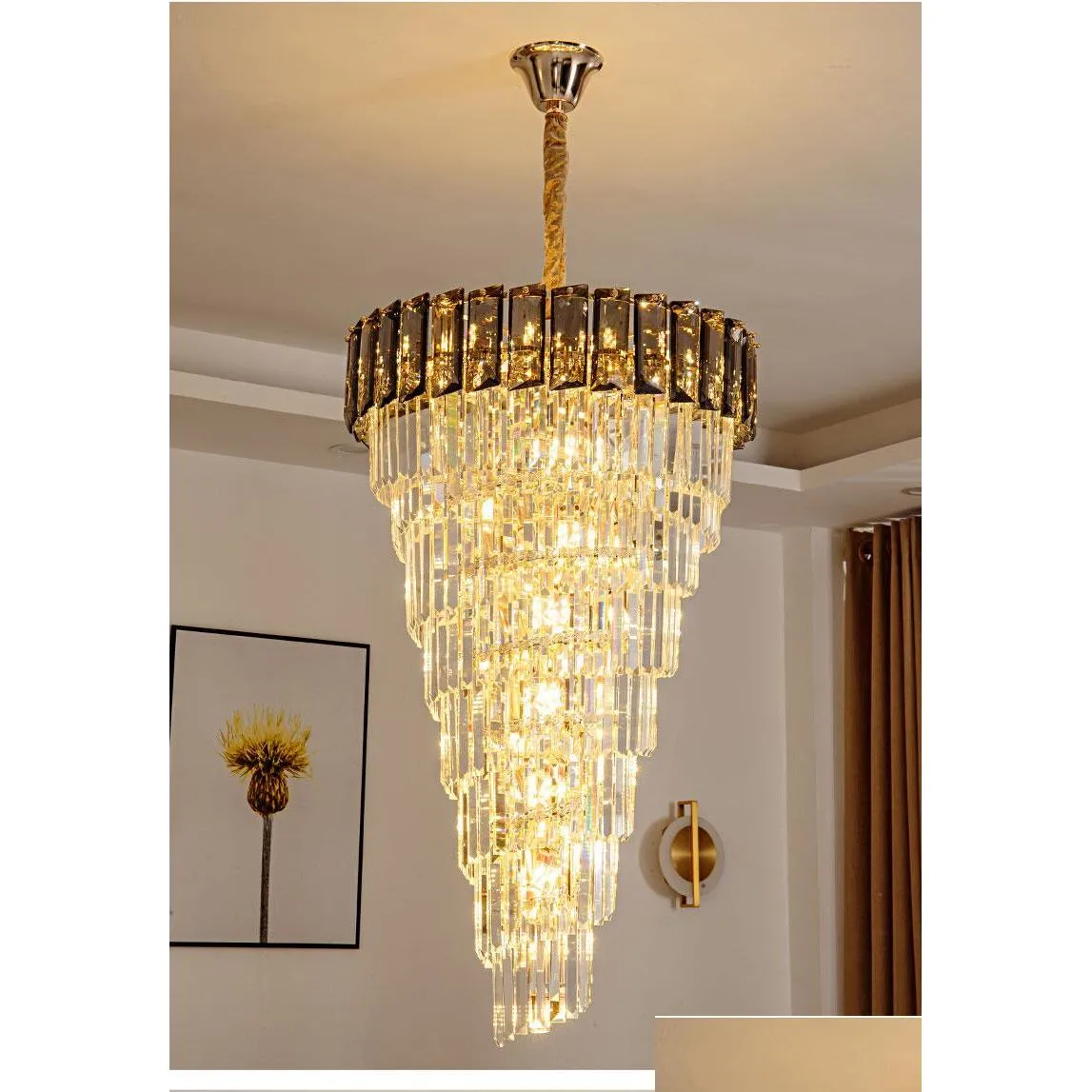 led e14 luxury crystal golden long chandelier duplex building hollow hanging light fixture large lamp modern villa hall stairs