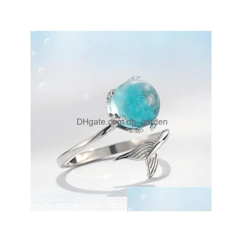 wholesale silver plated mermaid foam ring tik tok the same blue crystal fish tail adjustable ring 