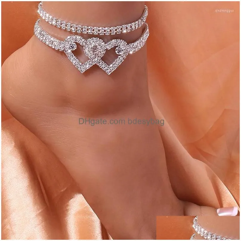 charms fashion rhinestone heart cuban anklet bracelet for women heartshape iced out leg ankle chain foot jewelry wholesale