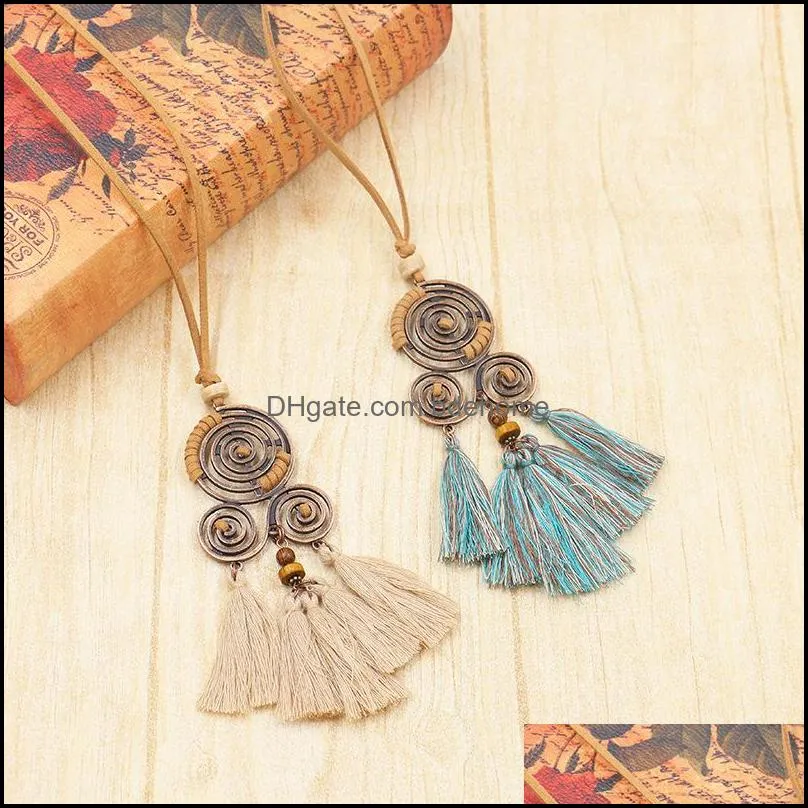 bohemia long tassel womens necklaces long leather chain sweater chain ethnic round tassel necklaces for women wholesale