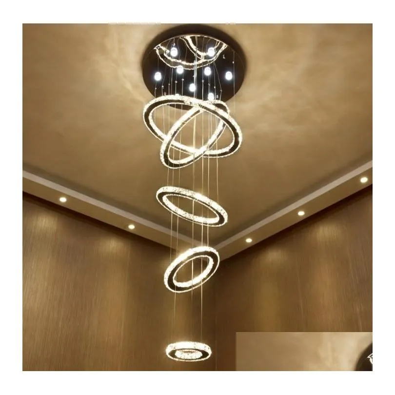large luxury crystal led chandelier lighting fixture 5 rings circle led crystal pendant hanging lamp stair hall dimming lustres