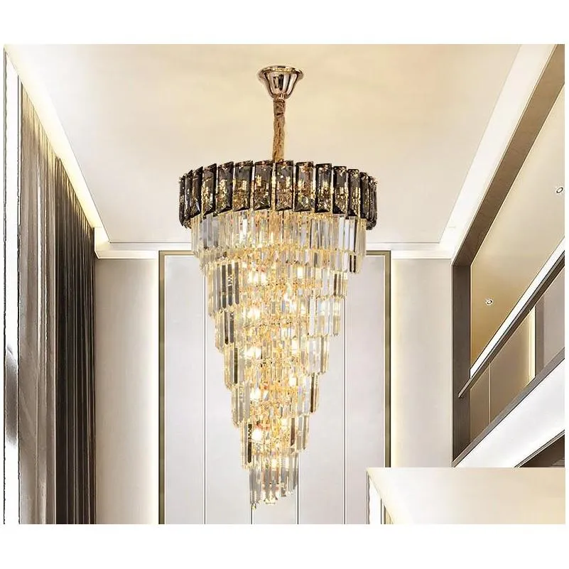 led e14 luxury crystal golden long chandelier duplex building hollow hanging light fixture large lamp modern villa hall stairs