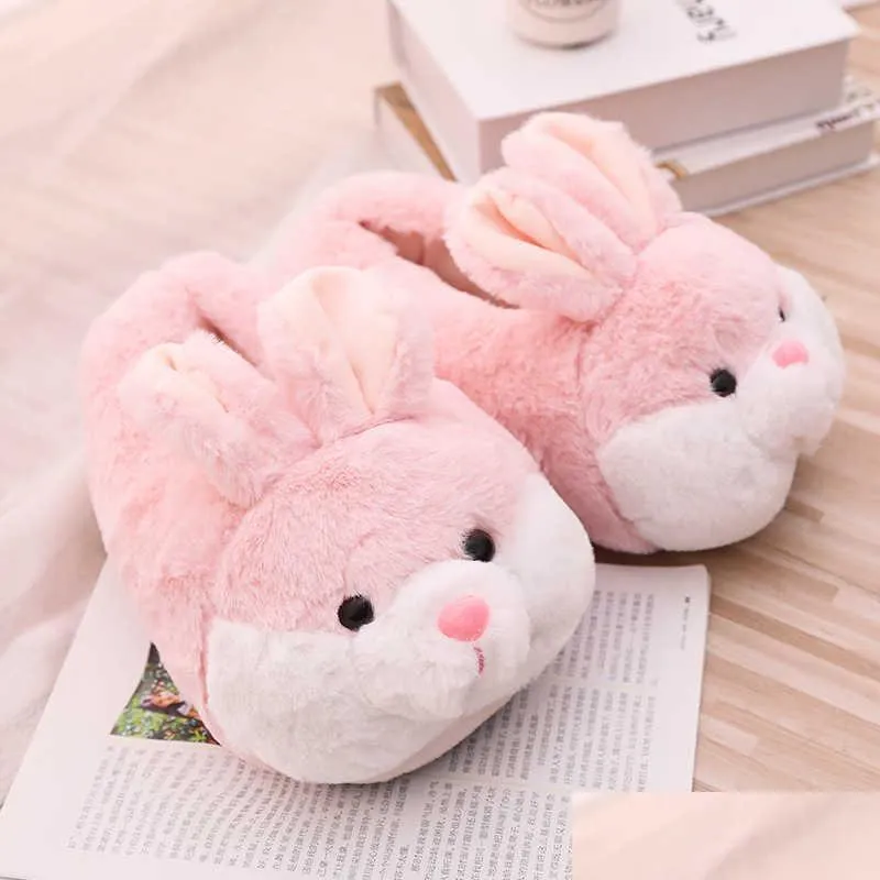 house fluffy women slippers cute cartoon pink bunny girls fur slides bedroom indoor rabbits warm plush ladies casual shoes 210903