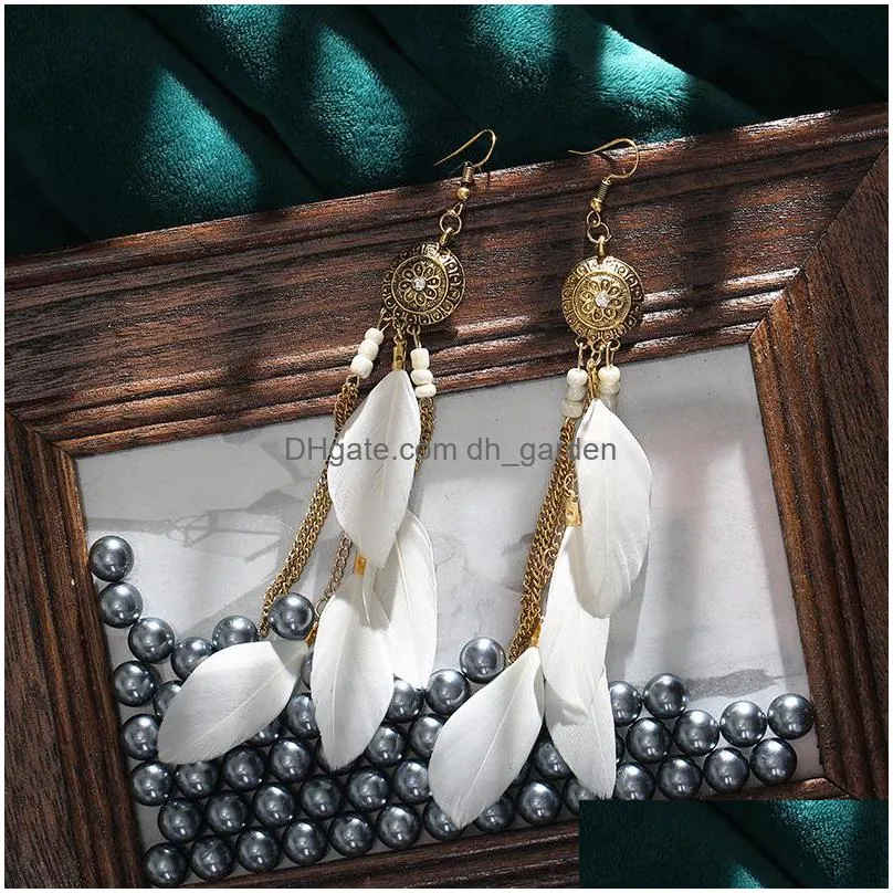 cr jewelry european and american retro chain tassel earrings bohemia feather yiwu jewelry creative long earrings
